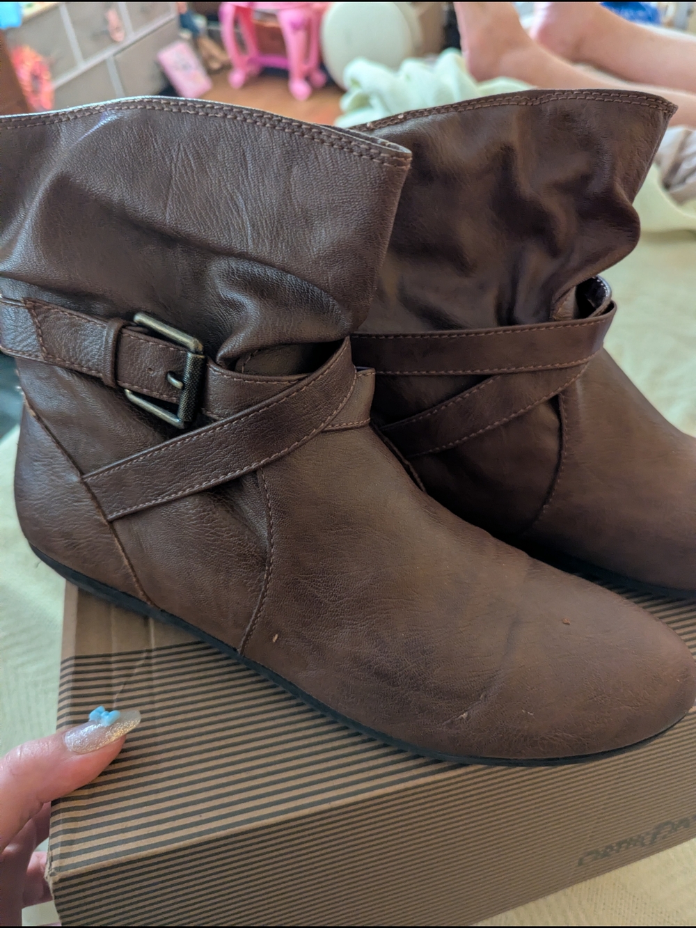 Women's Brown Faux Leather Ankle Boots with Wrap Strap